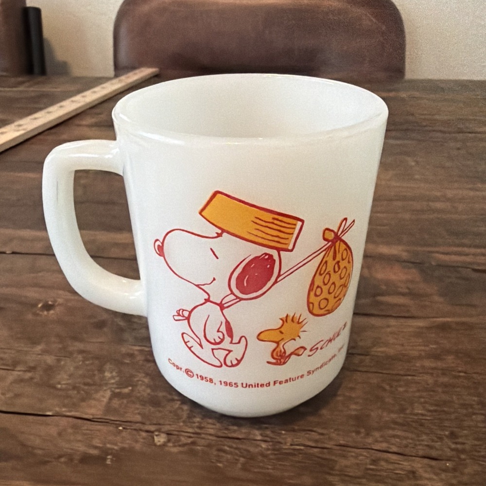 Vintage Fire King "Snoopy, Come Home" Cup Mug w/Woodstock and Nap Sack
